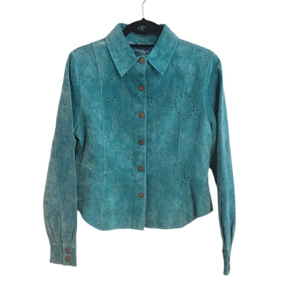 Saguaro Turquoise Laser Cut Suede Leather Jacket Size Small - Picture 1 of 11